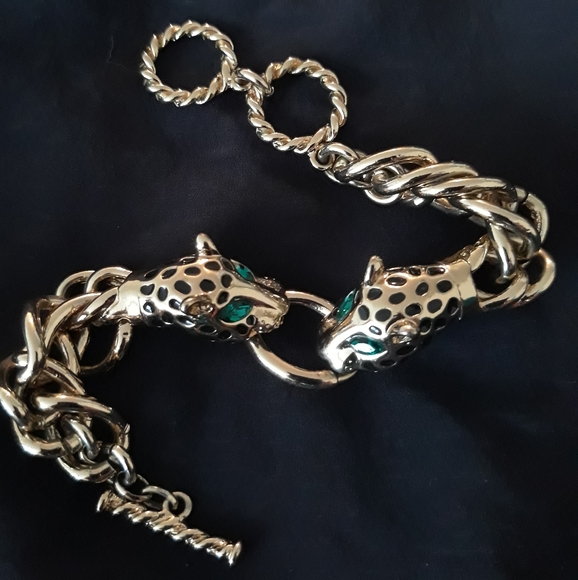 Vintage Double Leopard Head with Green Rhinestone Eyes Chunky Chain Bracelet - Picture 13 of 15